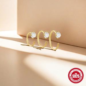 Pendientes de Botón Geométricos de Plata de Ley S925 con Circonita, Chapados en Oro, Regalo Moderno para Fiestas - Product Image 2