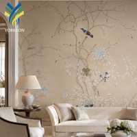 Papiers Peints Muraux Personnalisés Imprimés et Peints à la Main, Broderie Chinoiserie Florale, Tissu Papier Peint pour Maison et Hôtel