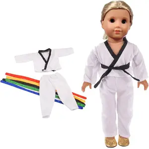 1260 kostum pakaian boneka grosir kustom pakaian putih Karate / Tae Kwon Do termasuk blus celana 5 ikat pinggang kostum boneka
