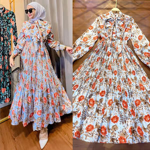 Venta al por mayor de Dubai Modesto Musulmán Elegante Largo Maxi Estampado Floral Plisado Vestido Acampanado <span class=keywords><strong>Abaya</strong></span> para Mujeres - Product Image 5