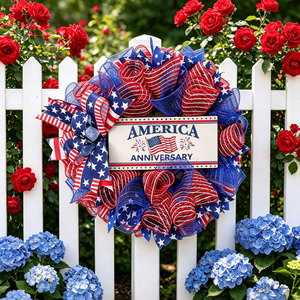 Independence Day Patriotic Wreath Round Mesh <b>Decor</b> America Anniversary Sign Hanging <b>Wall</b> Decoration for 4th of July - Product Image 1