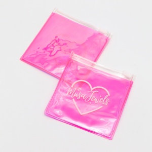 Luxury <b>Small</b> 6x6cm pink Pvc Holographic Plastic Zipper <b>Bag</b> with <b>White</b> logo for Jewels Jewelry Accessories Packaging Zip Pouch - Product Image 5
