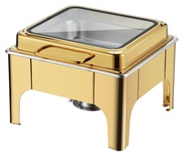 Plat à chafing de luxe carré en acier inoxydable 201 et verre avec couvercle doré, capacité 6L, pour le maintien au chaud des buffets d'hôtels et de restaurants
