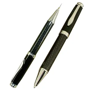 ACMECN 2件/批碳纤维圆珠笔和铅笔套装扭动金属重型0.7毫米自动铅笔豪华黑色钢笔套装