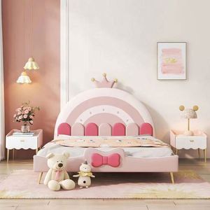 Cake Princess Kids <b>Daybed</b> Full Size <b>Wood</b> Cotton Upholstery Comfortable Modern Pink Rainbow Color Block Design for Girls Bedroom - Product Image 3