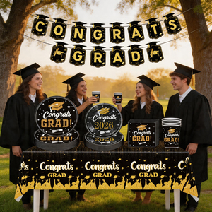 Set di Stoviglie Usa e Getta <span class=keywords><strong>per</strong></span> <span class=keywords><strong>Festa</strong></span> di Laurea 640429 2026, Nero e Oro, 98 Pezzi <span class=keywords><strong>per</strong></span> 24 Persone, con Striscione, Piatti, Bicchieri, Tovaglioli e Tovaglia - Product Image 1