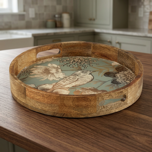 Plateau rond en bois avec motif d'oiseaux et de fleurs, plateau décoratif vintage fait à la main pour offrir en cadeau et servir des aliments - Product Image 3