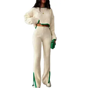 White Autumn And Winter Collision Suit Female Knitted Wide Legged Pants 2 Piece Set