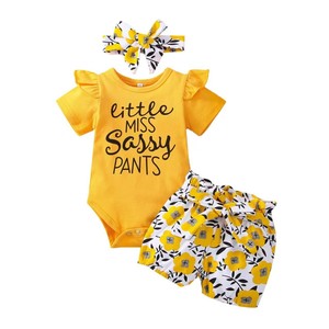 Conjunto de Ropa para Bebé Niña Recién Nacida, Amarillo, Tres Piezas, Estampado de Letras, Manga Corta, Estilo Casual para Verano - Product Image 2