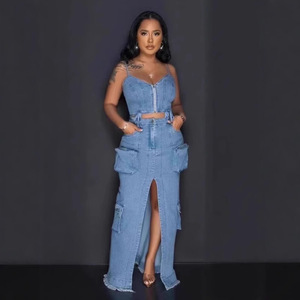Vestito lungo in denim da donna, stile casual, best-seller, nuovo modello, sexy, con cerniera, <span class=keywords><strong>top</strong></span> a canotta, spacco e tasche, ideale per il lavoro - Product Image 5