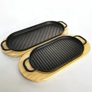 Cast Iron Griddle Grill Pan Sizzling Steak Meat Fajita <strong>Plate</strong> with <strong>Wooden</strong> Tray Steak Frying Cooking Gripper Platter - Product Image 1