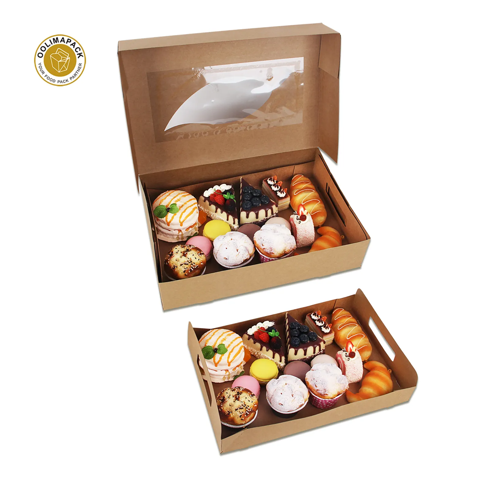 Caja de catering OOLIMAPACK de alta calidad para alimentos, cajas de papel Kraft con tapa transparente, caja de pastoreo con letras