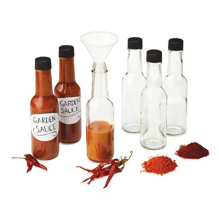 Vacío 3oz 5oz 8oz 150ml 250ml claro mareado Chile ensalada de tomate salsa caliente botella de vidrio con tapa negra