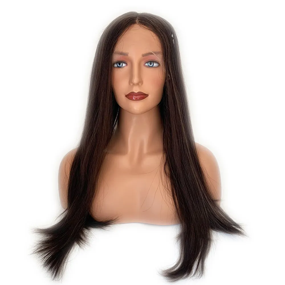 Human Hair European Kosher Wig Lace Top For Jewish Women Darkest Brown Light Brown Highlights