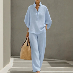 Ensemble décontracté pour femmes, pull à boutons uni ample, pantalon large, tailles SMLXLXXLXXXL, bleu ciel - Product Image 1