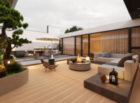 Plancher de terrasse extérieur en composite bois-plastique (WPC) à grain de bois moderne, système de pose par clipsage, revêtement imperméable