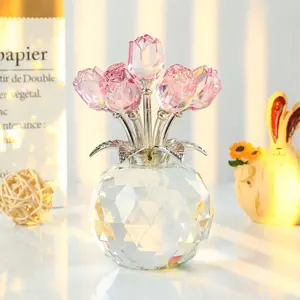 Wholesale Top K9 Crystal Rose Flower Paperweight Souvenir Valentine Gift With Glass Transparent Shade For Table Decor