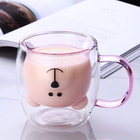 Vente en gros, fait à la main, marron, transparent, rond, 250ml, ours à double paroi, tasse en verre avec poignée
