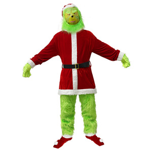 Costume du Grinch en velours rouge, tenue de Père Noël, pantalon fourré vert, ensemble de cosplay pour adulte, costume de fête, performance de Noël - Product Image 2