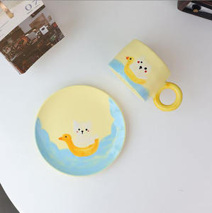 Taza de cerámica creativa Simple pintada a mano para el desayuno, taza y plato de café de té de la tarde para parejas de dibujos animados bonitos - Product Image 3