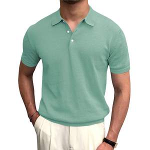 Polo de golf coupe cintrée pour hommes T-shirt décontracté à manches courtes en tricot uni extensible avec bas à bandes et col brodé - Product Image 4