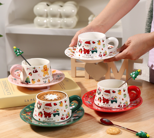 Christmas Ceramic Cup and Saucer Set with Santa Claus Cartoon Design, Red and Pink Handles, Holiday <b>Drinkware</b> for Coffee or Tea - Product Image 2