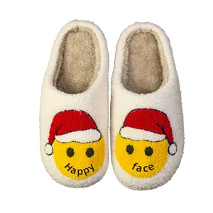 Gorro de Navidad, pantuflas con sonrisa bonita, talla grande, cálidas, cara sonriente, toboganes suaves para mujer, pantuflas de piel esponjosas para el hogar