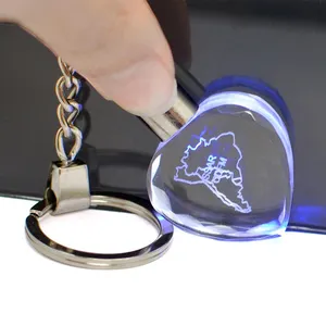 Chaveiro de vidro com gravação a laser 3d, chaveiro transparente com cristal de led