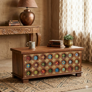 Handcrafted Wooden Sideboard <b>Cabinet</b> with Multicolor Glass Mosaic | Vintage <b>Storage</b> Console | Decorative Living <b>Room</b> Furniture - Product Image 1