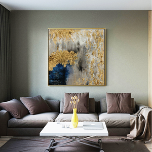 100cm por 100cm Artista 100% Pinturas al óleo hechas a mano Lienzo abstracto Arte de pared con detalles de textura gruesa dorada y azul para el hogar - Product Image 3