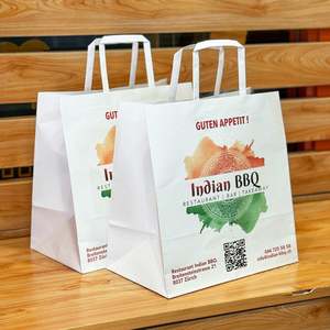 Sacs en papier personnalisés classiques, écologiques et recyclables pour le shopping, avec logo et couleur de poignée sur mesure, pour l'emballage de salades et d'aliments. - Product Image 3