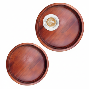 Bandeja de servicio redonda de madera de mango con asas recortadas, Juego de 2 de estilo rústico hecho a mano para comidas, aperitivos, cocina, mesa de centro, encimera - Product Image 1