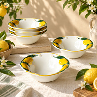 Bol à salade en céramique de porcelaine de 6 pouces, motif citron 3D, style méditerranéen, peint à la main, en relief, qualité alimentaire, empilable