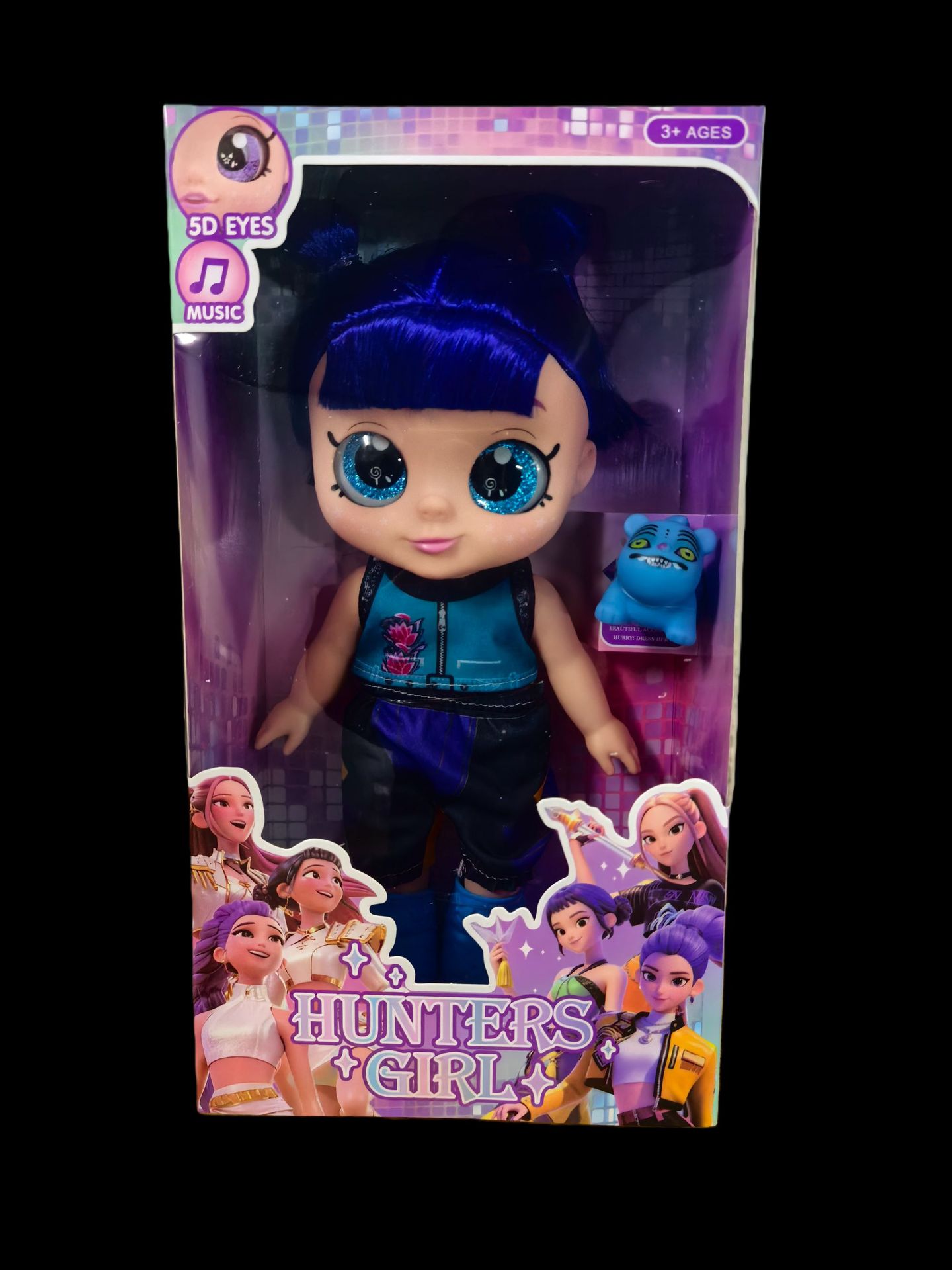 Muñeca de vinilo musical 5D con ojos, color azul y pelo.