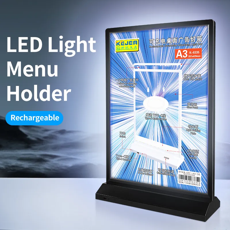 Kejea Op Maat Gemaakte A3 Oplaadbare Desktop Led Display Rack Dubbelzijdig Reclame Lichtbak Led Tafel Menu Restaurant Kaart