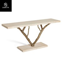Table console de luxe moderne en métal moulé, design arbre, grand centre de table, plateau en marbre blanc, pour salon