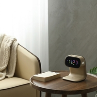 Lampe de chevet sans fil LED 3 en 1 avec chargeur, veilleuse, affichage de l'heure coloré, design moderne en bois grainé pour chambre à coucher