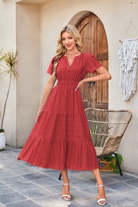 Vestido Largo de Verano para Mujer, Cuello en V, Plisado, Manga Corta, Color Sólido, Casual, para Playa y Vacaciones, de Alta Calidad - Product Image 3