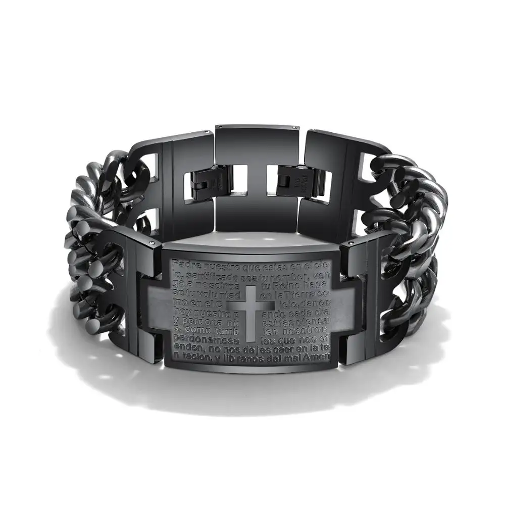 Haute Qualité En Acier Inoxydable Espagnol Verset Biblique Croix Bracelet, Gravé à la Mode Prière Chapelet Religieux Hommes Bracelet à Maillons @