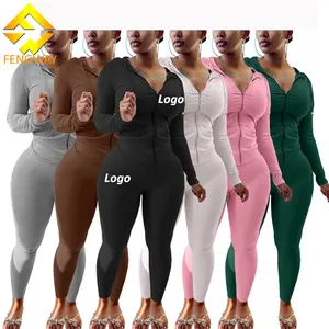 Fall 2024 Women Clothes Ribbed Tight Two Piece Pants Set Sports Womens Jogger Suit Zipper Hoodies 2 Piece Set