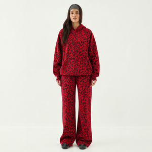 Wholesale Women's <b>Red</b> Leopard Print 2 Piece Tracksuit Set Premium <b>Hoodie</b> & Women's Soft Wide Leg Casual Streetwear Fleece Jogger - Product Image 1
