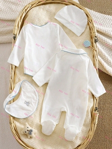 Conjunto de <span class=keywords><strong>Pijama</strong></span> y Gorro de <span class=keywords><strong>Hospital</strong></span> para Bebé Recién Nacido con Cuello Peter Pan, Bordado Personalizado, 100% Algodón Peinado, Mameluco Blanco para Dormir - Product Image 4