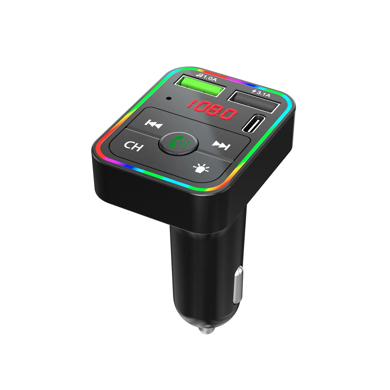 F2 Car FM Transmitter Colorful LED Backlight Wireless FM Radio Adapter Hands Free Car Kit TF Card MP3 Player With Type C PD