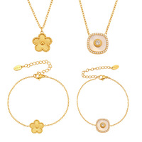 Ensemble collier et bracelet pour femme en acier inoxydable, zircon et plaqué or 18 carats, motif fleur à cinq pétales double face et nacre, style mode et élégant