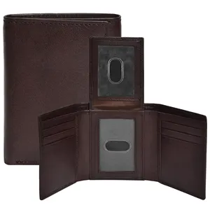 Diseño elegante 9 ranuras para tarjetas de crédito Rich Black Full Grain Leather Slim Trifold Wallet