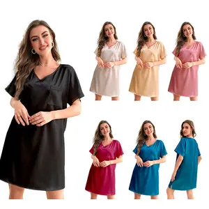 2023 Ins人気のラージサイズアイスシルク半袖無地パジャマ女性夏の薄い家の摩耗長い女性のナイトドレス