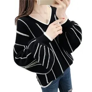 2022 New Fashion Women Girls Sweater Knitwear V-neck Puff Sleeve Striped Loose Knit Pullover Korean Tops Casual Knitwear