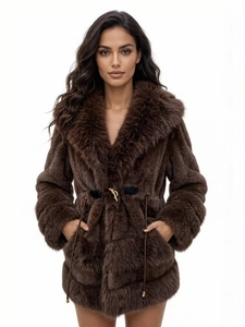 Cappotto da Donna in Finta Pelliccia di <span class=keywords><strong>Visone</strong></span> e Volpe <span class=keywords><strong>con</strong></span> Colletto a V e Cintura, Giacca Invernale Spessa e Calda a Maniche Lunghe - Product Image 1