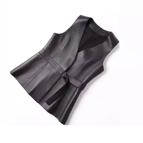 4902 Wholesale New Style V Neck Slim Sleeveless Belt Casual Genuine Leather Vest Women