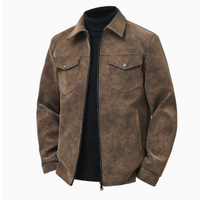 Jaket Kulit Pria Terlaris Grosir, Mantel Kasual, Jaket Kulit PU Retro Amerika dengan Kerah Terbalik